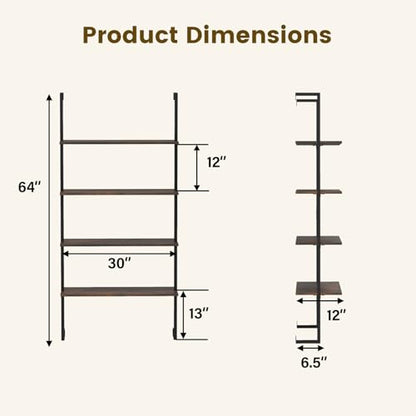 Giantex 4 Tier Modern Wall Mounted Bookshelf Rustic Brown, 64" Industrial Wood Bookcase with Metal Frame, Display Storage Rack Organizer, Ladder Shelf Bookcase for Living Room, Kitchen