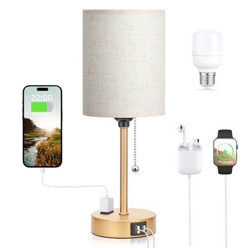 Dicoool Elegant Gold Bedside lamp for Bedroom - 3 Color Temperatures Small Table Lamp with USB C and A Ports, Pull Chain Table Lamps with AC Outlet, College Dorm Decor Gold Lamp for Reading/Study - color: Cream - Gold, size: 14.6 in