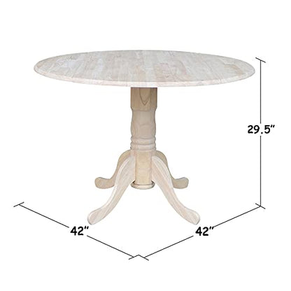 IC International Concepts, Round Dual Drop Leaf Pedestal Dining Table, Solid Real Wood, Sturdy Parawood, Dimensions 42"D x 42"W x 29.5"H, 40lbs Capacity, Paint/Stain Ready, Unfinished - color: Unfinished