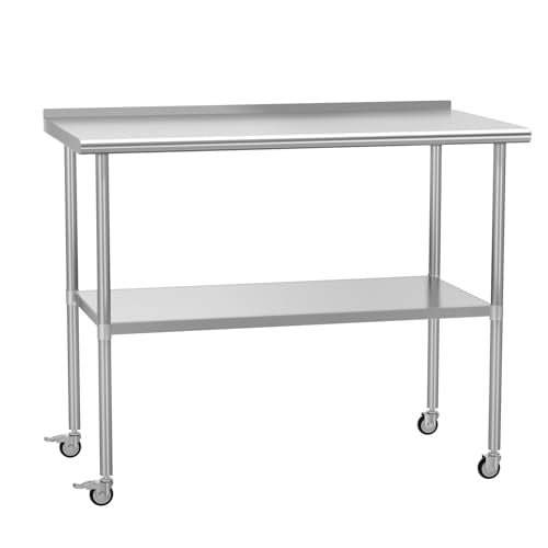 Stainless Steel Prep Table 24" X 48" with Adjustable Undershelf, Backsplash and Wheels, Commercial Metal Workstations for Kitchen, Garage, Outdoor BBQ - color: W/ Wheel & Backsplash, size: 24x48 Inch