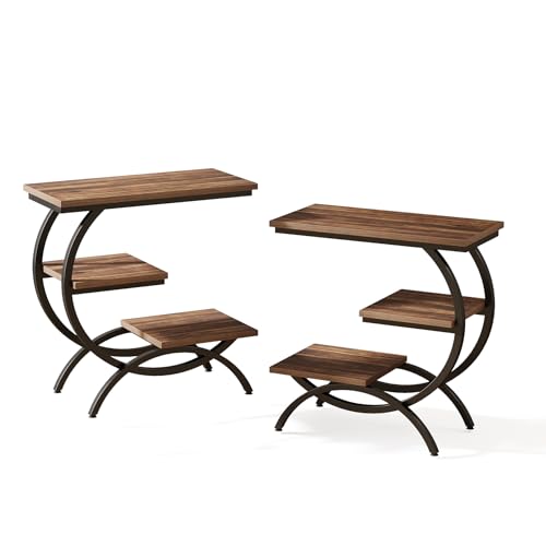 Tribesigns C-Shaped End Table Set of 2, Industrial 3-Tier Small Side Table for Couch, Wood Bedside Table Snack Side Table with Storage Shelves for Living Room Small Space, Rustic Brown - color: Rustic Brown