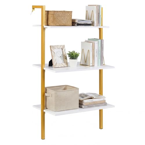 Giantex Ladder Shelf, 3-Tier Wood Wall Mounted Bookshelf with Metal Frame, Modern Open Storage Rack and Display Shelves, Wooden Floating Shelving Unit for Living Room, Home Office (Gold+White)