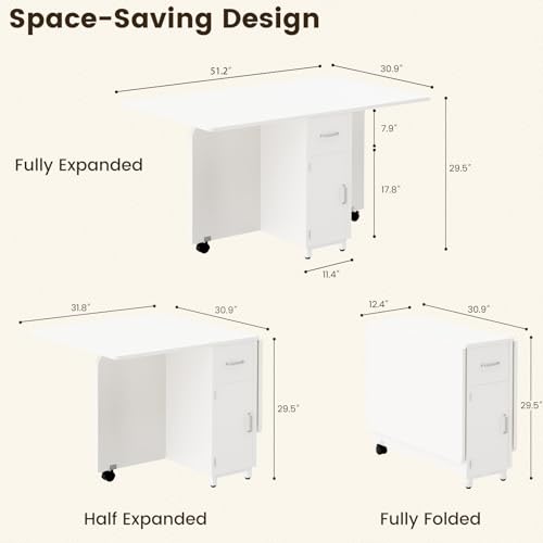 Folding Dining Table with Wheels, Space Saving Drop Leaf Kitchen Table with Storage Cabinet, Expandable Movable Furniture for Small Apartment, White - color: White