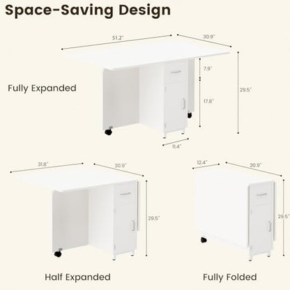 Folding Dining Table with Wheels, Space Saving Drop Leaf Kitchen Table with Storage Cabinet, Expandable Movable Furniture for Small Apartment, White - color: White