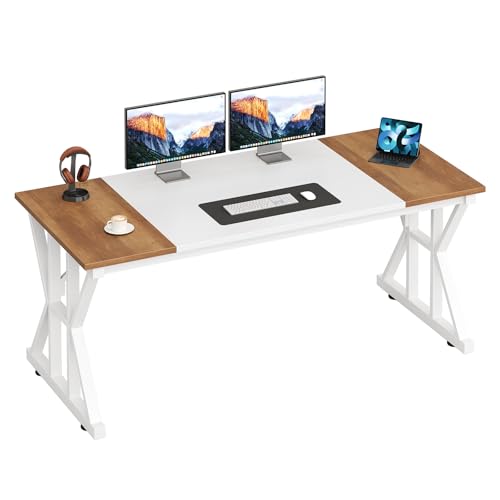 TVU Computer Desk, 55 inch Large Office Desk, Study Writing Table with Thicken Frame, Gaming Desk, Modern Simple Desk for Home Office, Brown/White - color: Brown+white, size: 55inch