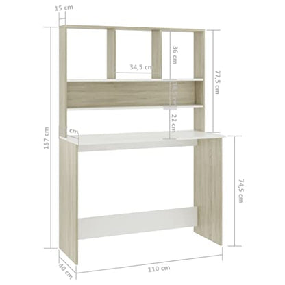 Computer Desk with Shelves, Modern Writing Workstation for Home Office, 43.3 x 17.7 x 61.8 Inches, Engineered Wood, White and Sonoma Oak - color: White and Sonoma Oak