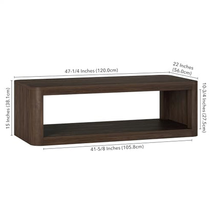 Henn&Hart 47" Rectangular Low-Profile Coffee Table with Open Storage Shelf for Living Room, Family Room, or Office, Rich Brown - color: Rich Brown