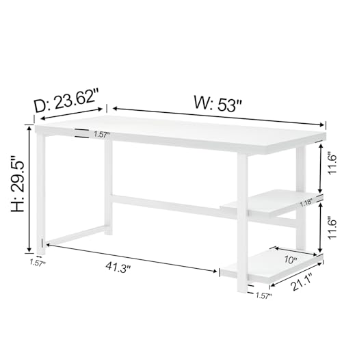 EXCEFUR White Computer Desk, Modern Home Office Desk with Storage Shelf, Wood and Metal Writing Study Table for Living Room Bedroom, 53 Inch - color: White