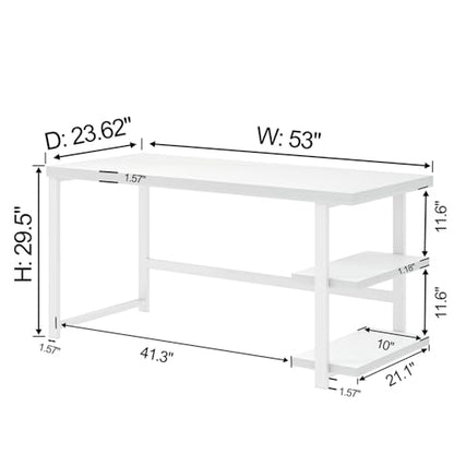 EXCEFUR White Computer Desk, Modern Home Office Desk with Storage Shelf, Wood and Metal Writing Study Table for Living Room Bedroom, 53 Inch - color: White