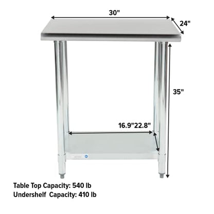 NSF Certified Heavy Duty Stainless Steel Prep Table for Home & Commercial Use with Galvanized Shelf, Legs, & Optional Wheels - size: 24x30