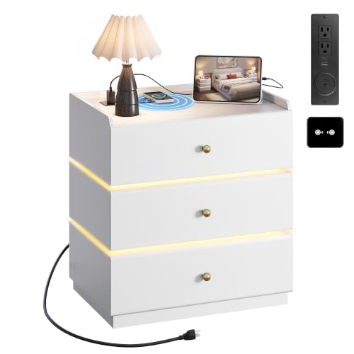 WLIVE LED Nightstand with Wireless Charging Station, Motion Sensor LED Bedside Table with 3 Drawers, Modern Night Stand for Bedroom & Gaming Room, White - color: White, size: 3 Drawers