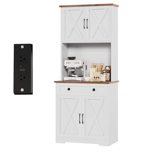 GarveeLife 71" Pantry Cabinet with Charging Station, Tall Kitchen Pantry Storage Cabinet with Microwave Stand, Large Farmhouse Kitchen Hutch with Cabinet Doors & Drawer for Living Room, Dining Room - color: White