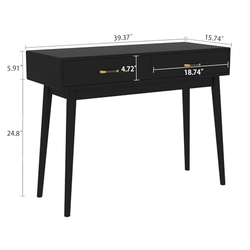 FUNKOCO Small Black Desk with Drawers - 40 Inch Home Office Study Writing Desk for Bedroom, Vanity Desk with 4 Solid Legs, Modern Computer Desk for Small Spaces (Balck) - color: Black