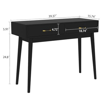 FUNKOCO Small Black Desk with Drawers - 40 Inch Home Office Study Writing Desk for Bedroom, Vanity Desk with 4 Solid Legs, Modern Computer Desk for Small Spaces (Balck) - color: Black