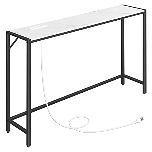 MAHANCRIS Console Table, Narrow Sofa Table Behind Couch, 43.7” Entrance Table with Power Station, Simple Style, for Living Room, Hallway, Entryway, Foyer, Marble and Black CTHM112E01 - color: Marble, Black