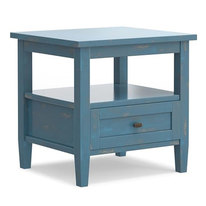 SIMPLIHOME Warm Shaker End Table - 20" Wide x 20" High Solid Wood Square Accent Table in Distressed Coastal Blue, Transitional Side Table for Living Room with Drawer, Open Shelf and Tapered Legs - color: Distressed Coastal Blue, size: 20 inch, style: End