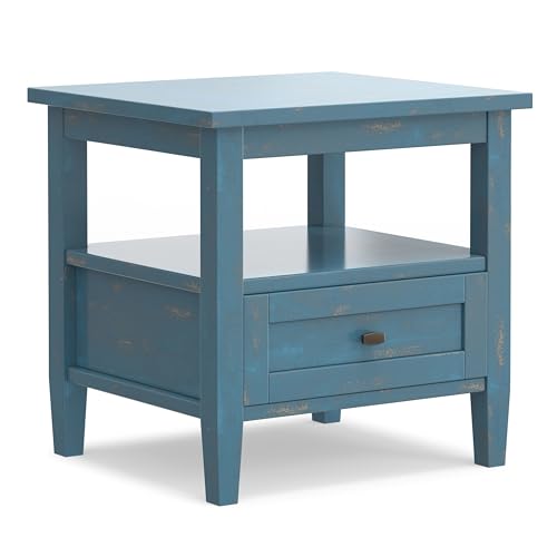 SIMPLIHOME Warm Shaker End Table - 20" Wide x 20" High Solid Wood Square Accent Table in Distressed Coastal Blue, Transitional Side Table for Living Room with Drawer, Open Shelf and Tapered Legs - color: Distressed Coastal Blue, size: 20 inch, style: End