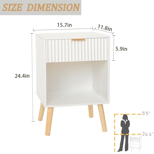 Fultyle White Nightstand, Modern Bedside Table with Drawer and Open Storage, Fluted End Side Table Living Room with Solid Wood Legs for Bedroom (White) - color: White