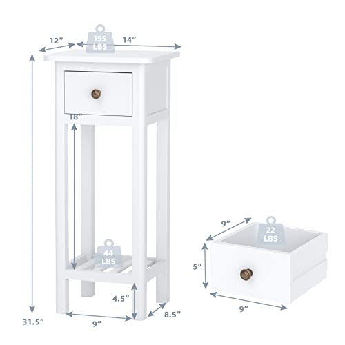 Giantex Tall End Table, Narrow Side Table with Drawer and Shelf, Acacia Wood Nightstand for Living Room, 2-Tier Bedside Table for Small Space, No Assembly, White - color: White