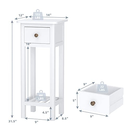 Giantex Tall End Table, Narrow Side Table with Drawer and Shelf, Acacia Wood Nightstand for Living Room, 2-Tier Bedside Table for Small Space, No Assembly, White - color: White