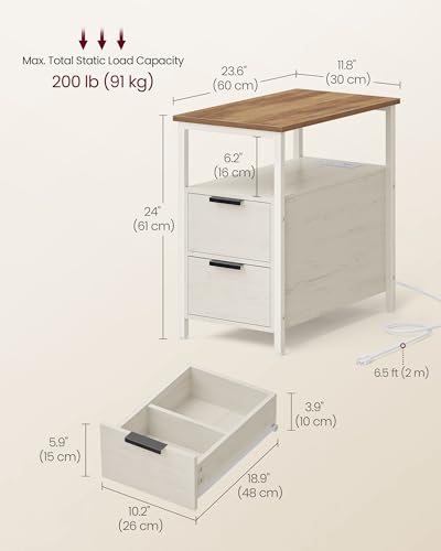 VASAGLE Side End Table with Charging Station, Slim Nightstand with 2 Drawers, Narrow Bedside Table for Living Room, Small Spaces, Honey Brown and Rustic White ULET321W01V1S - color: Honey Brown + Rustic White, size: 23.6"D x 11.8"W
