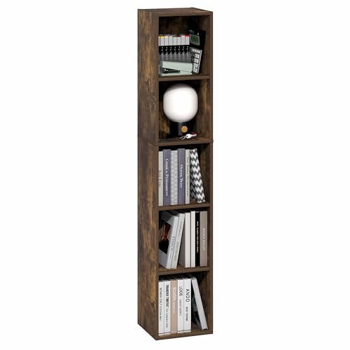 Furinno Fulda Book Shelf, 5-Tier Tall Narrow Bookshelf, Standing Bookcase with 10-in Width Storage Shelf, 9.3 x 9.8 x 51.9, for Organization Storage, for Living Room, Bedroom, Home Office, Amber Pine - color: Amber Pine, size: 5-Tier, 10W
