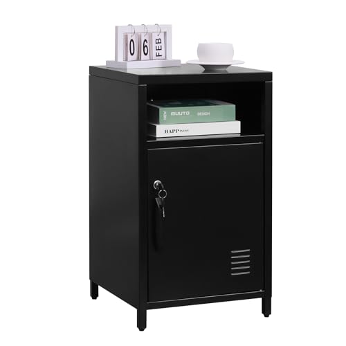 ALBAD Metal Nightstand with Lockable Cabinet | Industrial Bedside Table with Open Shelf, Small Storage Locker Side Table for Bedroom, Living Room, Dorm and Office, Black - color: Black, size: 26"H-Lockable Door