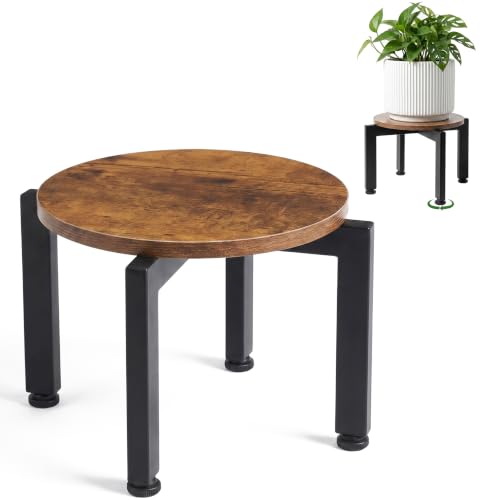 TOSKING Wood Stand – Brown Tray, Iron Base, 9.8"x7.7", 200 lbs | Sturdy Indoor Corner Plant Display, Leveling Pads & Easy Assembly, Fits 8-12" Pots, for Living Room, Balcony & Garden - color: Iron(Black) / wooden(Brown), size: 10.2"Dia-1PC