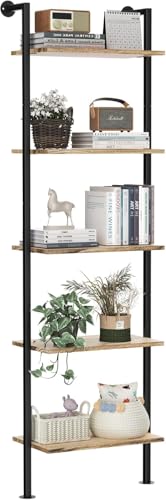 Acovy 5-Tier Bookshelf Solid Wood Ladder Shelf, Narrow Book Shelf Display Shelf, Wooden Bookcase, Wall Mount Ladder Shelf, Storage Rack for Living Room, Bedroom, Industrial Style, Rustic Brown - color: Rustic Brown
