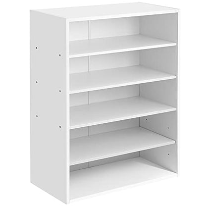 HAIOOU 5 Tier White Shoe Rack with One Movable Storage Shelf, 24 Inches | Stackable Wooden Shoe Organizer Freestanding shoe stand, Holds 10-15 Pairs, Fits Entryways, Closets, Dorms, Apartments