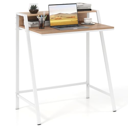 Giantex Small Computer Desk, 31.5" Compact Home Office Desk with Monitor Stand & Sturdy Frame, 2-Tier Space-Saving Study Writing Desk for Small Spaces, Apartment and Bedroom (Natural) - color: Natural