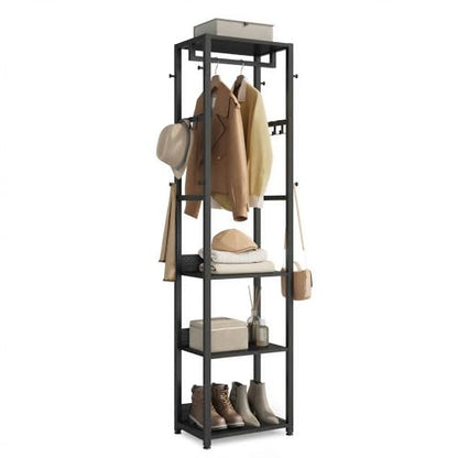 VASAGLE Coat Rack, Freestanding Hall Tree with Shelves, Hanging Rail, and Hooks, Space-Saving Coat Stand, Steel Frame, for Clothing, Bags, Hats, Ink Black and Charcoal Gray URCR061BD03 - color: Ink Black + Charcoal Gray, style: Industrial