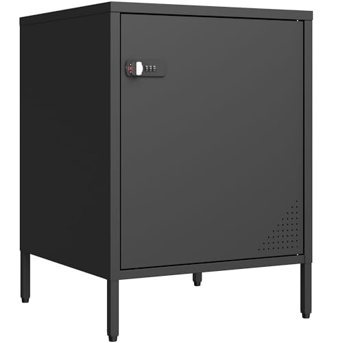Steehoom Metal Lockable Nightstand, Single Door Locker Metal End Table Small Bedside Storage Cabinet for Living Room, Bedroom, Dorm, 21.26”H X 15.75”W X 15.75”D (1 Door, Black) - color: Black, style: 1 Door