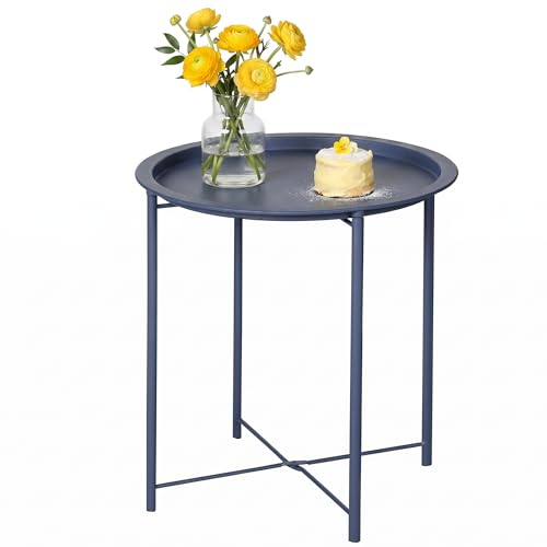 VECELO Side/End Table, Folding Round Metal Anti-Rust and Waterproof Outdoor or Indoor Tray for Living Room Bedroom Balcony and Office, 1 PCS, Blue - color: Blue, size: 1 PCS