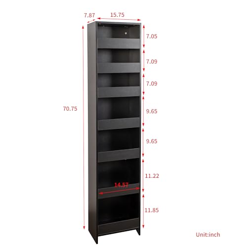 Slim Storage Cart Black Pull-Out Spice Rack Next to Fridge,Narrow Storage Cabinet with Open Self, Wood Unit Storage Rack with Handle Wheels for Narrow Spaces,7 Tier - size: 1