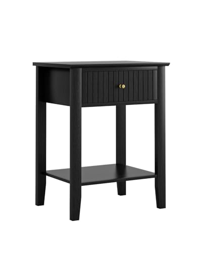 Fluted Nightstand, Farmhouse Night Stand with 1 Drawers, Mid Century Modern Side Accent Table,Bedside End Table for Bedroom, Living Room, Black - color: Black, size: 1 Drawer