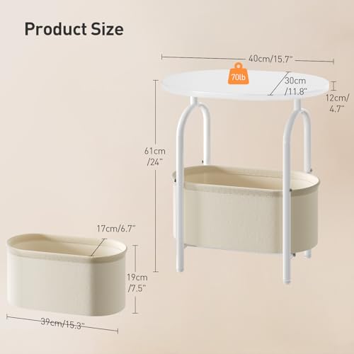 RALGEND Small Round Side Table with Fabric Basket Storage, Oval End Table for Small Spaces, Modern Coffee Bedside Table, Couch Side Table for Living Room, 15.7" X 11.8" X 24", White and Beige 8601BZWT - color: White and Beige
