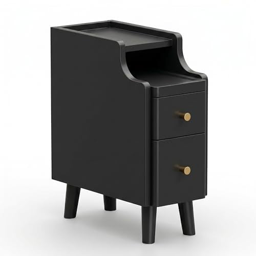 Nightstand, Pre-Assembled, 19.7“H Solid Wood Narrow Night Stand with 2 Drawers, Open Sliding Shelf, Mid Century Modern Small Bedside Table for Bedroom, Black 8" - color: Black, size: 8"