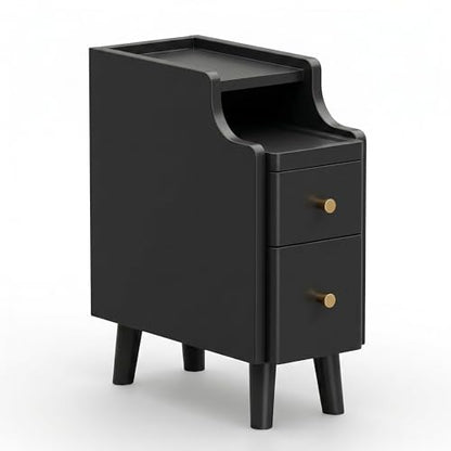 Nightstand, Pre-Assembled, 19.7“H Solid Wood Narrow Night Stand with 2 Drawers, Open Sliding Shelf, Mid Century Modern Small Bedside Table for Bedroom, Black 8" - color: Black, size: 8"