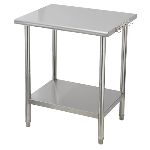 Garvee Stainless Steel Curved Edge Work Table 30 inch Double Layer, Heavy Duty Commercial Prep Table with Hook, 0.7mm Thick - size: 30*24*35inch
