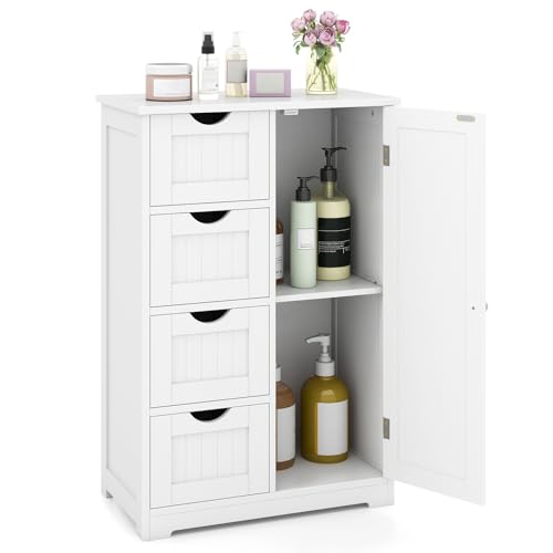 Tangkula Bathroom Floor Cabinet, Freestanding Storage Cabinet with 4 Drawers & Single Door, Adjustable Shelf, Multipurpose Bathroom Storage for Home Office, 21.5 x 12 x 32.5 Inches (White) - color: White, style: 4 Drawers