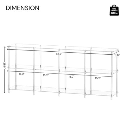 Acrylic Long Bookshelf, Low Horizontal Bookcase with 8 Cube Storage, 3-Tier, Modern Clear Open Book Shelf for Living Room, Office,Bedroom, 11.8''D x 62.2''W x 26.6''H