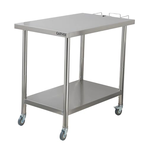 Garvee Stainless Steel Straight Edge Work Table 36 inch Double Layer with Casters & Garbage Shelf, Heavy Duty Commercial Prep Table, 0.7mm Thick - size: 36*24*35 inch - with casters + trash rack