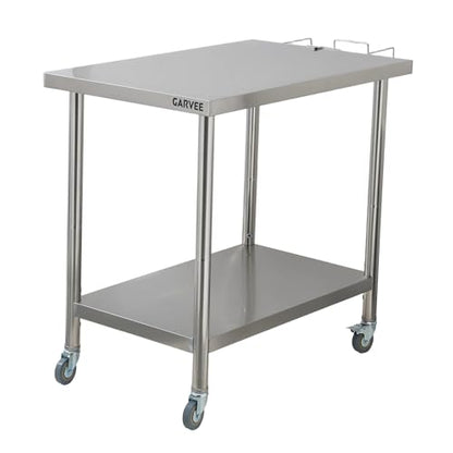 Garvee Stainless Steel Straight Edge Work Table 36 inch Double Layer with Casters & Garbage Shelf, Heavy Duty Commercial Prep Table, 0.7mm Thick - size: 36*24*35 inch - with casters + trash rack