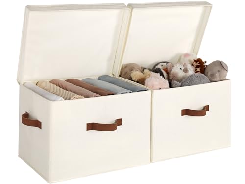StorageWorks Fabric Storage Bins with Lid, Decorative Storage Boxes for Shelves, Stackable Closet Organizer Basket with Handles, Jumbo, Ivory White, 2-Pack | Flip-Top Lid, 3 Handles, Collapsible, Stackable, for Clothes Blankets, Multi-Purpose, Jumbo, Ivor