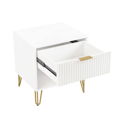 JOSHEN Sturdy Metal Legs Nightstand, Bedside Stand with Textured Drawer, Accent Table for Bedroom for Indoor use, White - color: White