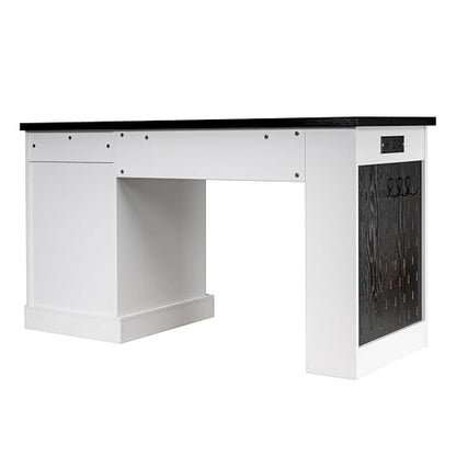 55" Modern Fluted Office Desk with Storage Cabinet & Drawers, Computer Writing Desk with Power Outlet, Pegboard, Built-in Shelves & Keyboard Tray for Study, Home Office, White - color: White