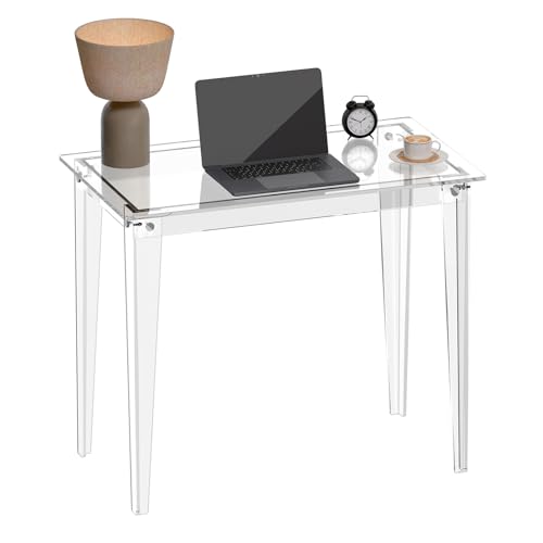 HMYHUM Small Acrylic Computer Desk, 35.4 Inch, Clear Study Desk for Home Office, Writing, Vanity, Modern, Easy Assembly, 19.7"" W x 29.5"" H, Right-Angle Legs Design, 01011