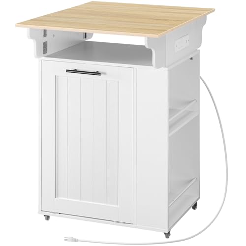 HOOBRO Kitchen Island with Trash Can Storage, Rolling Kitchen Island with Drop Leaf Countertop, Island Table with Power Outlet & Spice Rack, for 10 Gallon Garbage Bin, White and Natural WN33UZD01