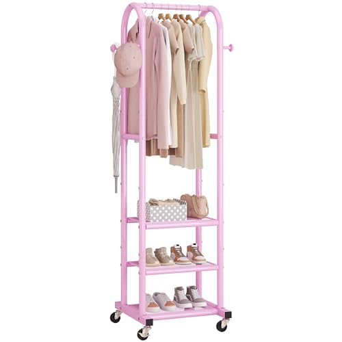 Dttwacoyh Clothing Rack with Wheels,Narrow Metal Garment Rack,Pink | Easy to install, 71.8 Inches Display Rack with 4 Side Hooks & 3 Shelves,for Small Flats, Bedroom, Entryway,Pink Clothes Rack - color: Pink